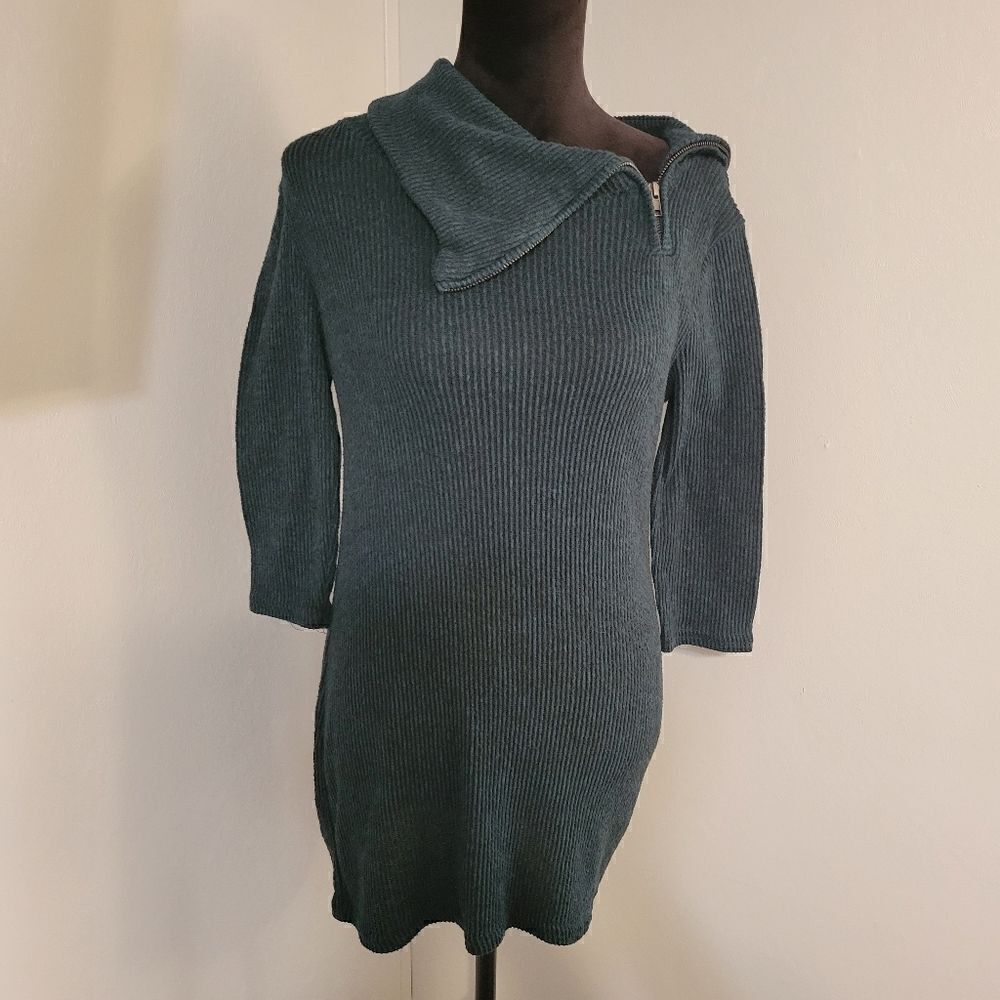 No Boundaries Teal  Ribbed Asymmetrical Zip Oversized Collar Sweater Dress Sz  L